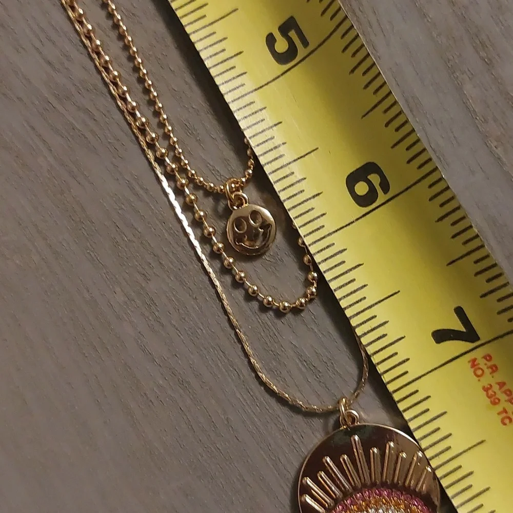 Gold Toned Three Strand Rainbow Smiley Face Ball Chain Necklace